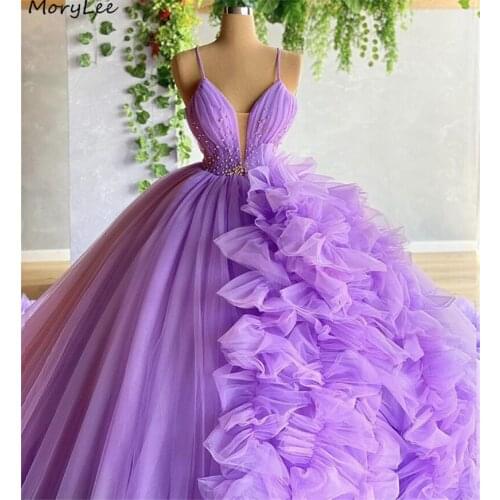 Prom Dresses Luxury V-Neck Spaghetti Straps A-Line Tulle Pleated Prom Dresses With Lace Up Back vestidos de fiesta de noche
