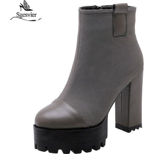 Sgesvier Round Toe PU Leather Platform Zipper Casual Ankle Boots Fashion Square High Heel Autumn Winter Women Shoes Woman G768