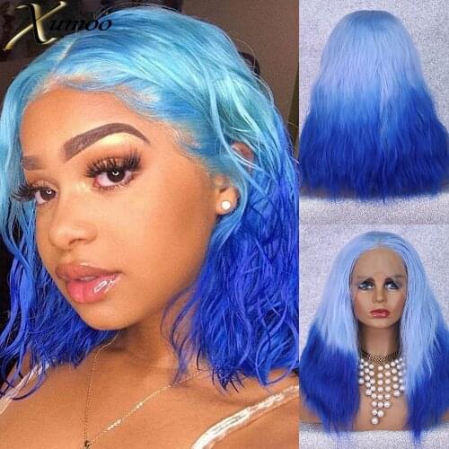 XUMOO Ombre Blue Synthetic Wig Heat Resistant Wavy Short Wig Glueless Cosplay Party Lolita Lace Front Wigs For Black Women