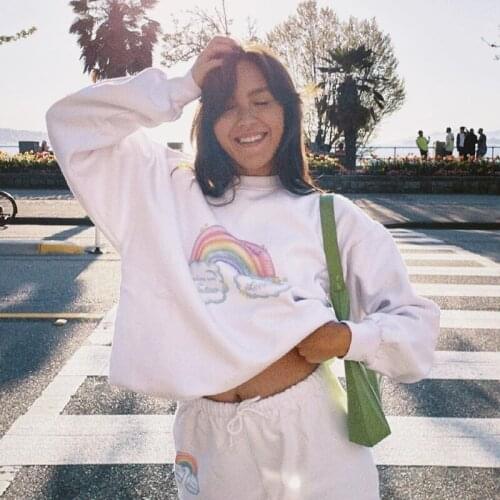 Rainbow Print White Cute Crewneck Oversized Hoodie New Women Casual Loose Sweatshirt Harajuku Autumn Y2K Long Sleeve Sweetshirts