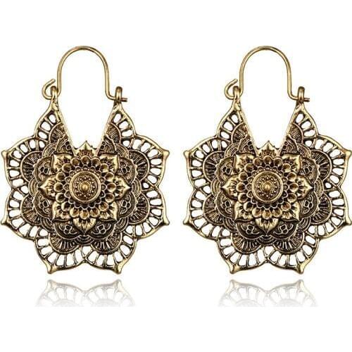 Vintage Indian Mandala Flower Drop Dangle Earring for Women Girl Tribal Hollow Floral Boho Antique Earrings Pendientes