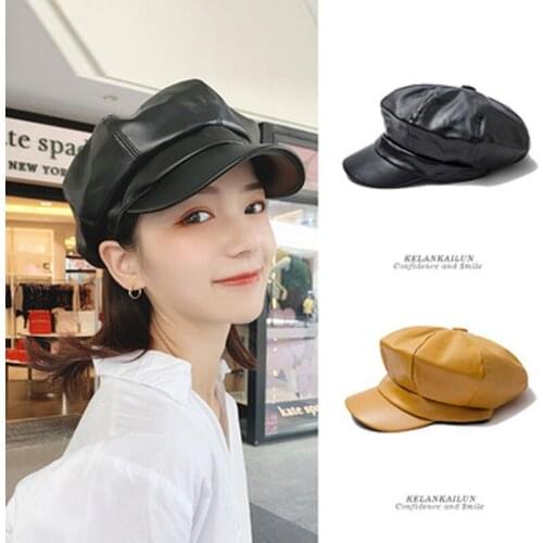 Pu Leather Octagonal Hat Woman Fall Winter British Fashion Korean Version Spring Fashion Wild-Match Fur Hat Duck Tongue Beret