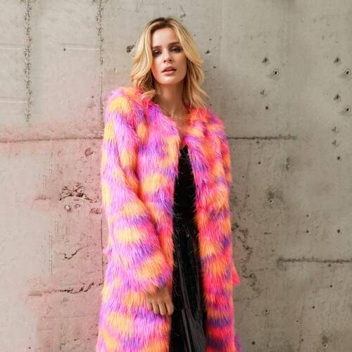 Elegant Winter Warm Colorful Fur Coat Women Long Streetwear Slim Casual Fur Trench Coat Shaggy Hairy Faux Fur Jacket Overcoat