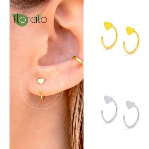 Small 925 Silver Ear Needle Earrings Women Fashion Beanie C-Shaped Piercing Heart-Shaped Charming Stud Earrings Aretes De Mujer