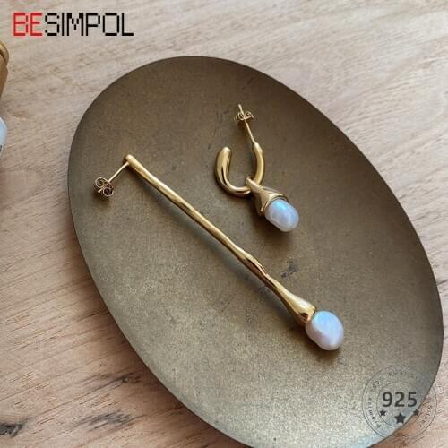 Besimpol Real 925 Sterling Silver Earrings French Temperament Elegant Baroque Pearl Drop Earrings For Women Simple Fine Jewelry
