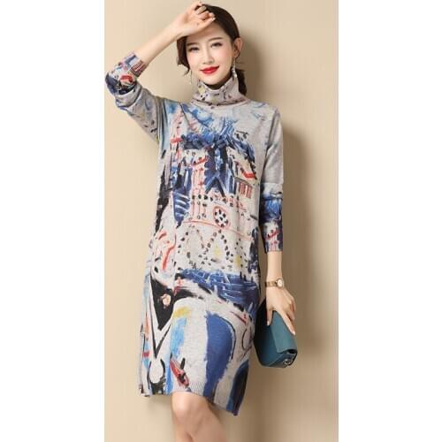 Women Turtleneck Floral Dress Winter Autumn Vintage Printing Sweater Female Long Sleeve Knit Dresses Pullovers