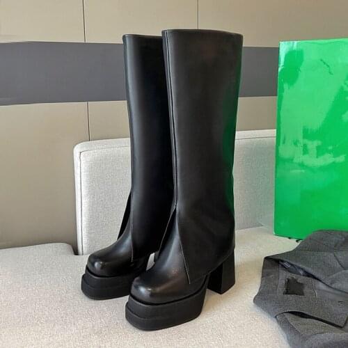 Women Knee High Boots Round Toe Slip-on Modern Shoes Thick High Heels Motorcycle Boots Punk Shoes Warm Winter Calzado Mujer