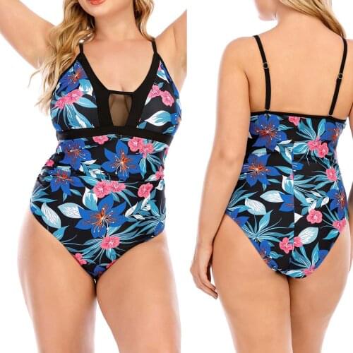 Big Size Fat Girls Lady Swimming Bodysuit with Breast Mesh Perspective Stitching Flower Print Summer Clothing Plus Size L-4XL