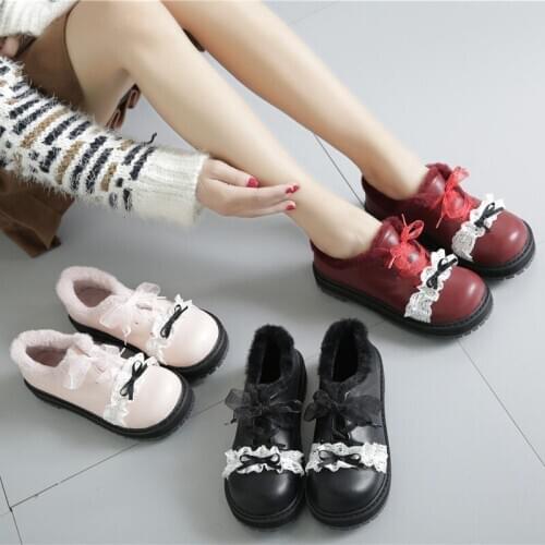 Winter round head Lolita thick bottom flat platform shoes plus cashmere japanese soft sister college cute sweet princess cos