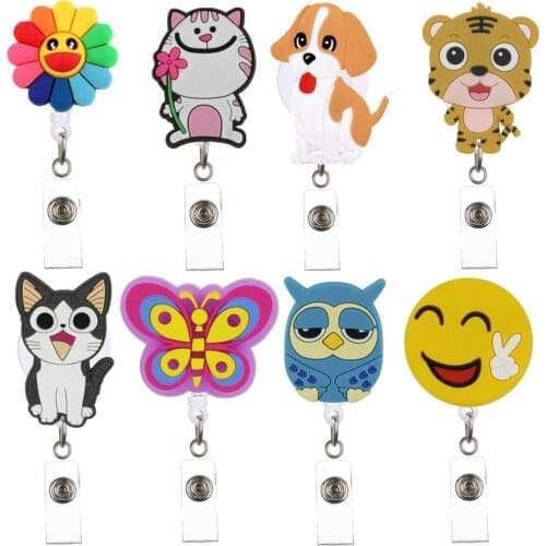10pcs/lot fashion lovely cartoon animal flowers smile unisex Badge Reel for women mens Retractable Brooches Office Card Holders