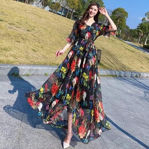 Bell Sleeve Floral Print Bohemia Elegant Plus Size Full Length Maxi Dress Holiday Beach Bridesmaid Sundress Plus Sizes