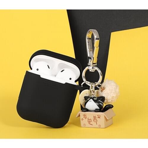 For AirPods Case Black Silicone Bluetooth Earphone Cases For Airpods Headset Box Protect Cover With Cute Hairball Cat Keychain
