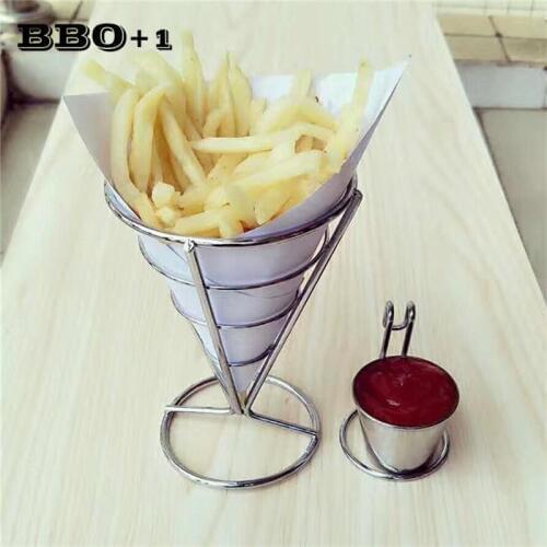 French Fries Holder Fry Stand Cone Metal Wire Basket with Sauce Dippers Serving Trays Party Platter Kitchen Restaurant Supplies