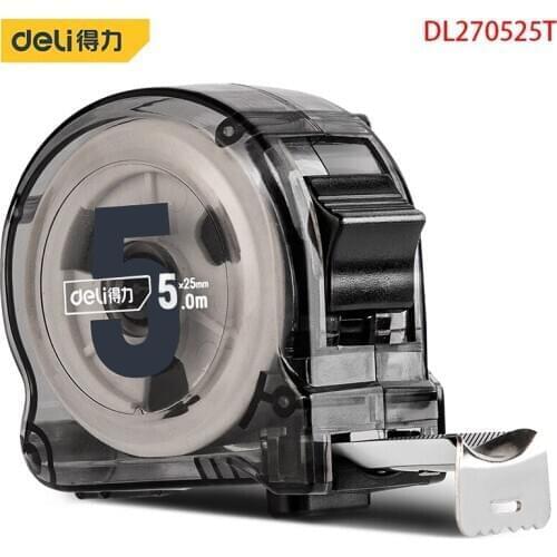 Deli DL270525T Transparent Steel Ruler Measuring Tools Carbon Steel Tape Specification: 5mx25mm Transparent Tape Measure Shell