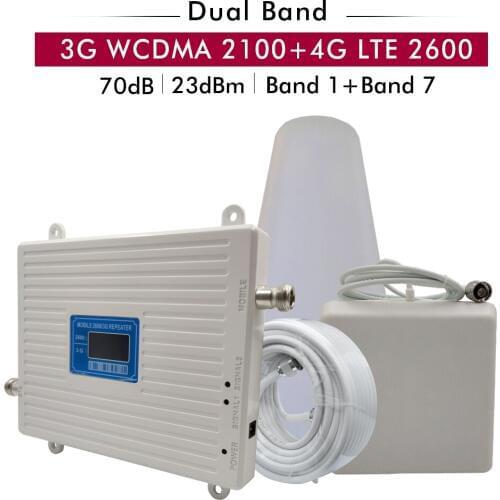 3G 4G Dual Band Booster UMTS/WCDMA 2100(Band 1)+4G FDD/LTE 2600(Band 7) Mobile Phone Signal Repeater Cellular Amplifier Full Set