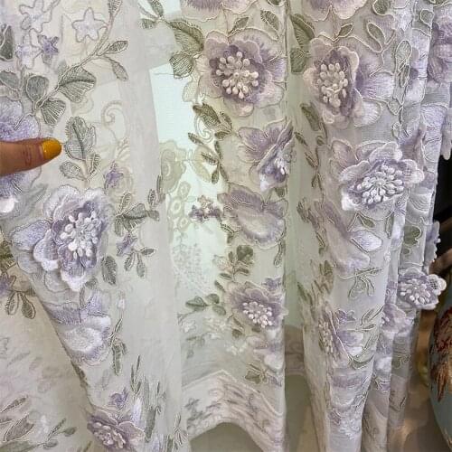 Purple exquisite embroidery flower voile beige luxury embossed elegant velvet window screen tulle curtain for living room MY457D