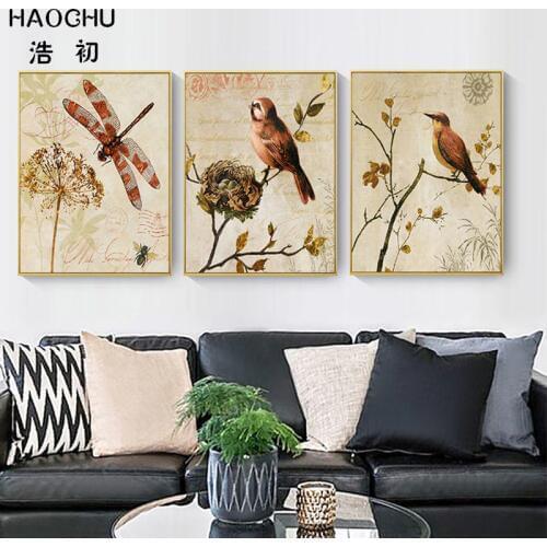 HAOCHU European Retro Flowers And Dirds Dragonfl Dandelion Static Landscape Art Print Poster Home Wall Decoration Wall Stickers