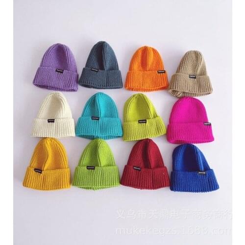 Korean Girl Childrens Solid-color Knitted Wool Toddler Boys and Girls Black Label Vertical Striped Melon Leather Cap Wool Cap