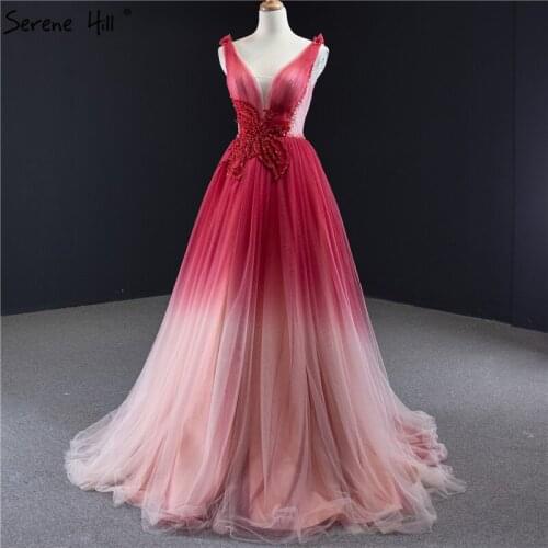 Red Gradual Change A-Line Sleeveless Evening Dresses 2020 V-Neck Pearls Beading Sexy Formal Dress Serene Hill HM66997