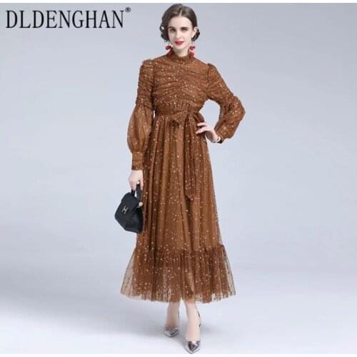 DLDENGHAN Fashion Designer Autumn Mesh Maxi Dress Women Stand Collar Lantern Sleeve Geometric Embroidery Vintage Long Dress