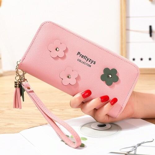 Fashion Women Zipper Tassel Pu Leather Wallets Female Flower Decoration Coin Purses Ladies New Wristband Multi-card Wallets