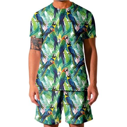 LCFA Men Sets T-shirt Shorts 2-piece Summer Quick Dry Fashion Leaf bird parrot 3D Print Jersey Tracksuit Men T Shirt Shorts Suit