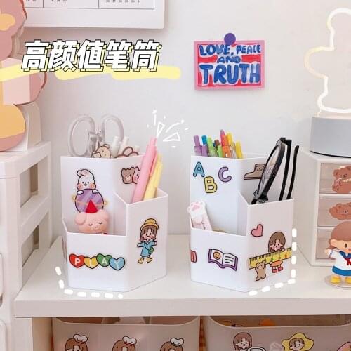 New Kawaii Cute Large 3 Grid White Pen Holder Desktop Organizer Large Capacity Pencil Box Organizer School Stationery Supplies