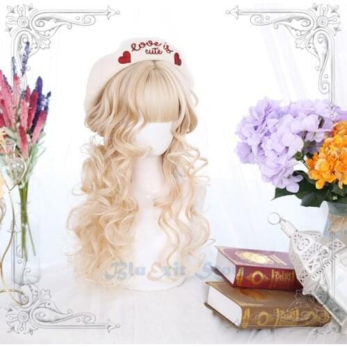2 Colors Gold Brown Lolita Wig Harajuku Fairy Blond Long Curly Sweet Bangs Korean Japanese Girls Princess Cosplay Synthetic Hair