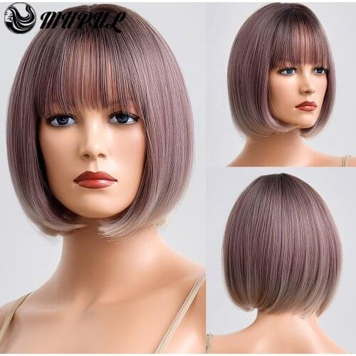 Daily Short Pink Straight Synthetic Wigs with Bangs for Women Bob Ombre Hair Natural Female Cosplay Heat Resistant Fiber Wig