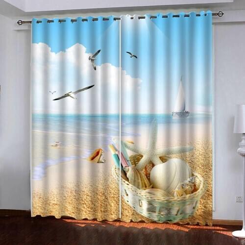 Customized size Luxury Blackout 3D Window Curtains For Living Room Sea seagull beach boat starfish shell Decoration curtains