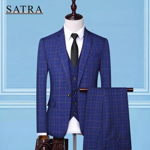 SATRA 2021 New Arrival High Quality Three-piece Male Casual Business Plaid Suit , Mens Fashion Boutique Slim Plaid Dress Suit