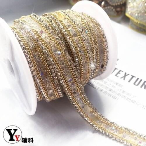 Factory 100CM Rhinestones Beaded Gold Chain Iron on Hotfix Crystal Rhinestone Chain Applique Lace Ribbon Trim For Wedding Dress
