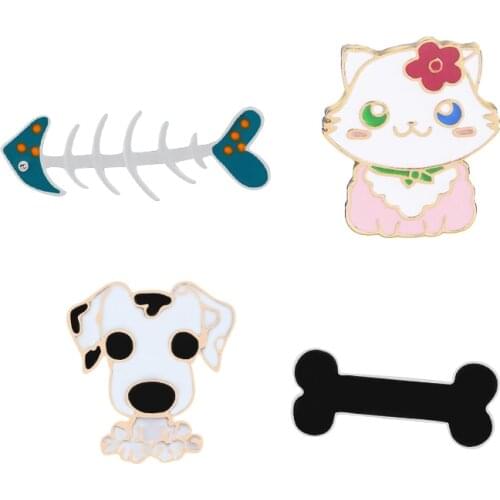 Cartoon Cute Metal Enamel Cat Kitty Dog Fish Bones Brooches Pins Fashion Clothes Jackets Lapel Pin Bag Badge Women Jewelry Gifts