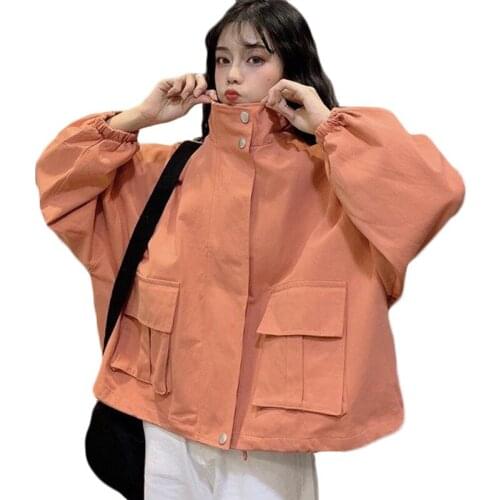 2021 Spring Autumn New Short Workwear Jacket Female Student Korean Loose Stand Collar Trench Coat Womens Casual Parka Overcoat