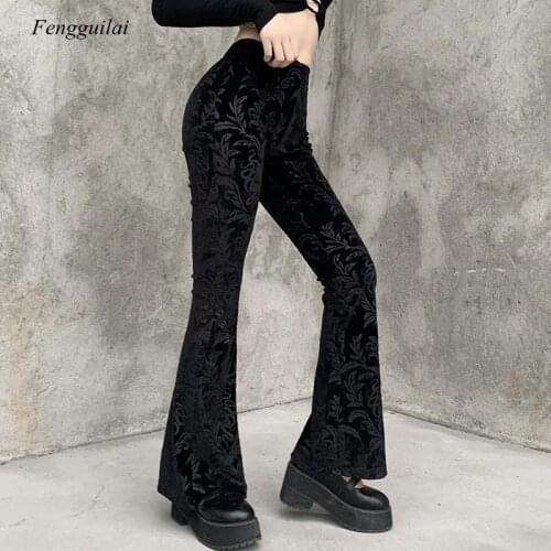 Floral Scratched Pants Velvet High Waist Skinny Flare Trousers for Women Autumn Winter Street Wear 2021