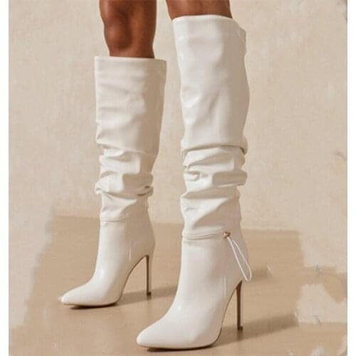 Slip on Shoes High Heel Boots Elastic String Pleated Shaft Stilettos Fashion Wholesale Womens Knee High Boots Big Size 43
