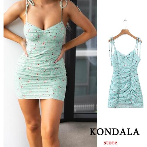 KONDALA 2021 Women Summer Za Dress Floral Printed Folds Package Hip Elastic Slim Mini Sling Dress Sexy Mujer Vestidos