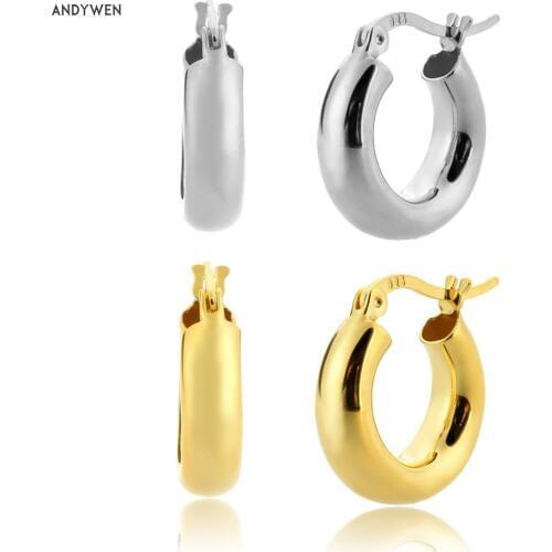 ANDYWEN 925 Sterling Silver Gold Hollow Hoops Two Size Circle Round Plain Piercing Rock Punk Pendiente Ohrringe Luxury Jewelry
