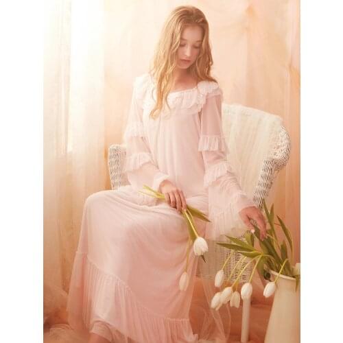 Free Shipping 2020 New Spring Princess Nightdress Womens Long Nightgown Lace Sleepwear Soft Modal Pink and White Nightshirt