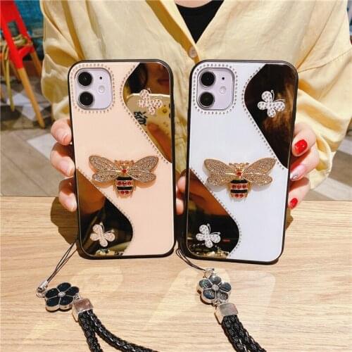 Luxury Fashion Diamond Bee Mirror S shape Phone Case For iPhone 11 12 Pro XS Max XR X 10 8 7 Plus Case Cover Coque With Strap