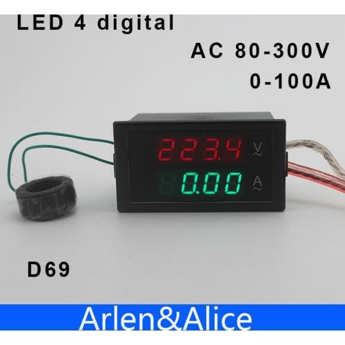 Dual LED 4 digital D69 display Voltage and current meter panel voltmeter ammeter range AC 80-300V 0.00-100.0A