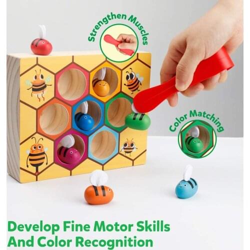 Coogam Toddler Fine Motor Skill Toy Clamp Bee to Hive Matching Game Montessori Wooden Color Sorting Puzzle Early Learning Pre