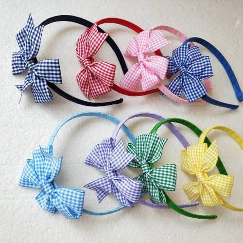 Gingham Plaid Ribbon Hair Bows V Pinwheel Bowknot With Fully Lined Covered Wrapped Plastic Hairbands School Hard Headbands 24pcs