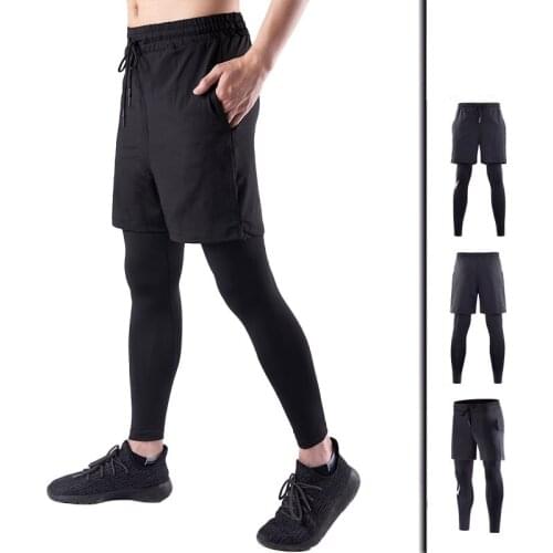 Summer Men Tights Fake Two-piece Fitness Pants Stretch Running Quick-drying Feet Pants Training Running Pants Running Trousers