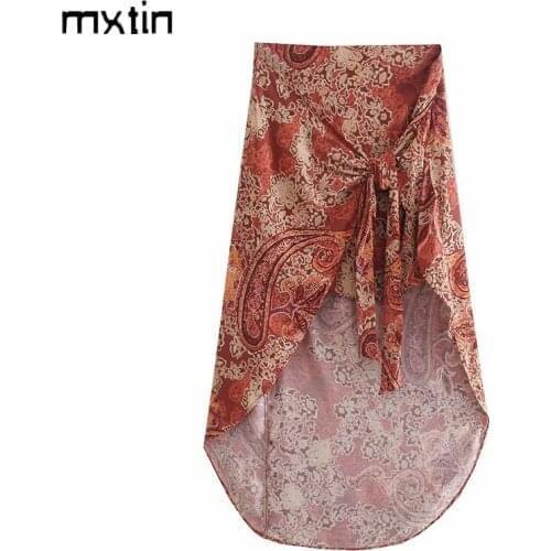 MXTIN 2021 Women Spring Fashion Floral Print High Waist Midi Skirt Vintage Bow Tie Side Zipper Casual Faldas Vestidos Mujer