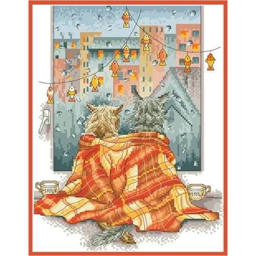 Rainy Season Printed Cross Stitch Patterns Kit Cats Embroidery Needlework Sets 11CT 14CT Diy Handmade Crafts Home Decor Painting