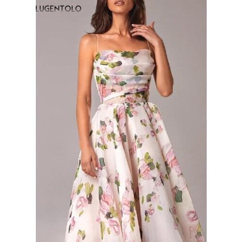 Sexy Dress Women Breast Wrap Sleeveless Big Swing Dresses Female Summer Print Empire Spaghetti Strap Long Dress Lugentolo