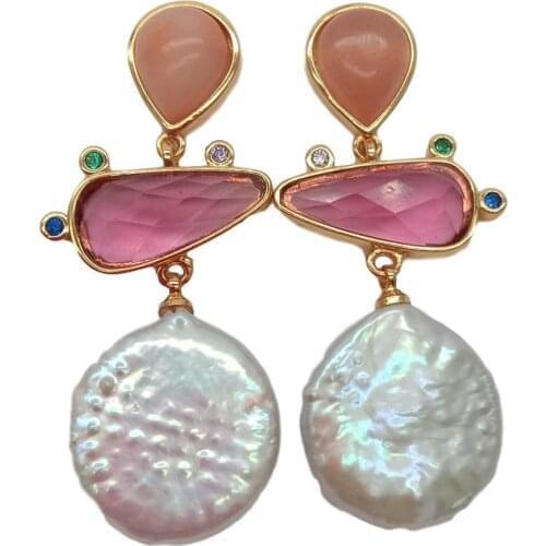 YYGEM office style gold filled natural Pink Aventurine White Coin Freshwater Pearl Red Crystal Stud Earrings