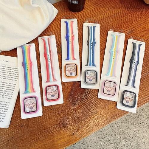 For Apple Watch 38mm 40mm 42mm 44mm Silicone Watch With Case Film iwatch 1 2 3 4 5 6 SE Sports Watch Band Protective Case