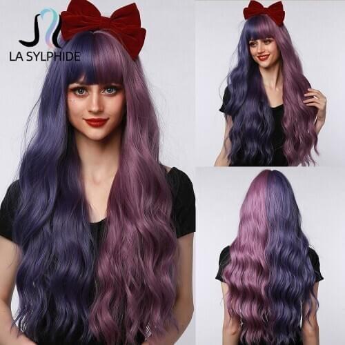 La Sylphide Synthetic Wig Long Deep Wavy Half Blue Purple Pink Wigs with Bangs for Women Cosplay Party Lolita Heat Resistant